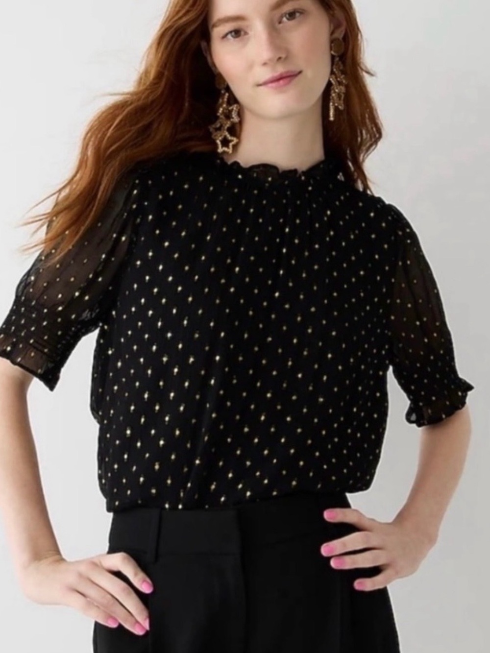 J. Crew Women’s Black Sheer with Gold Metallic Dots Blouse Preppy Evening Size S